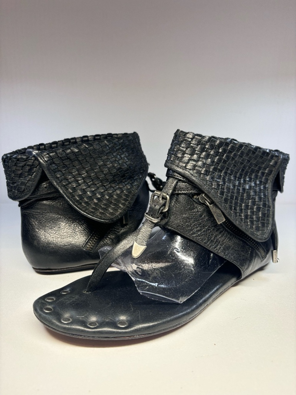 Black Leather Woven Gladiator Thong Sandals Size 8 Boho Artisan Zip Ankle Cuff